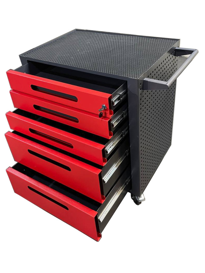 Тележка для инструментов на колесах с 5 выдвижными ящиками красная
