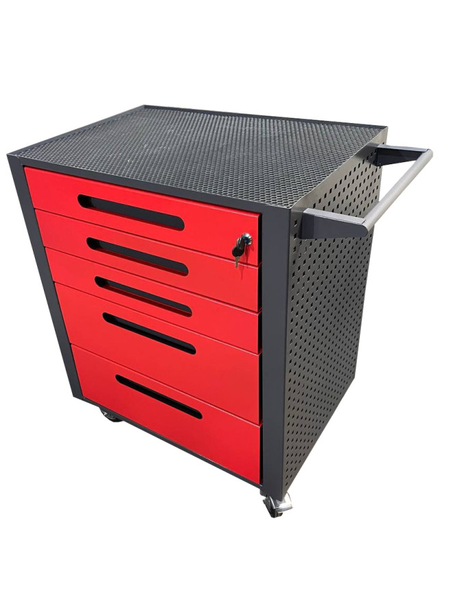Тележка для инструментов на колесах с 5 выдвижными ящиками красная