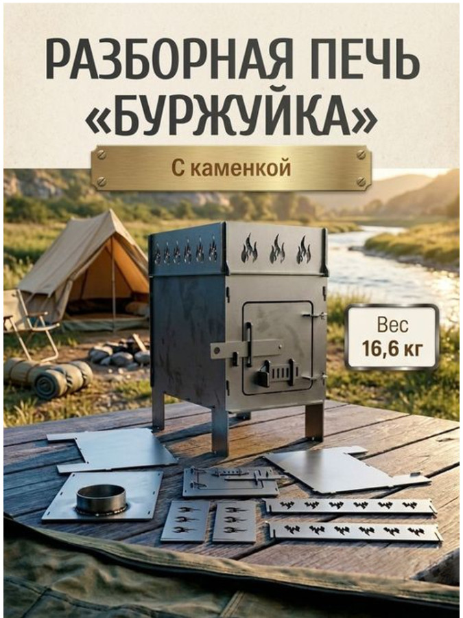 Печь буржуйка с каменкой разборная, сталь 3мм